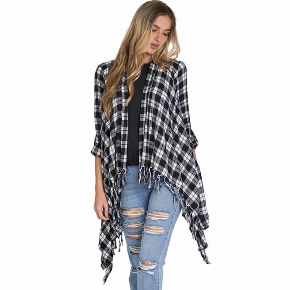 Billabong Womens Plaid Fringed Kimono Wrap Cardigan Black White Cotton Size S